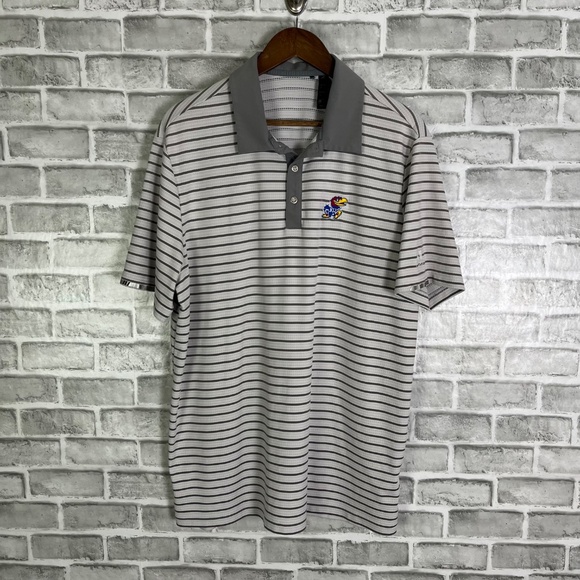 Kansas Jayhawks x Adidas Golf Gray Striped Performance Polo Shirt Men XL Stretch - Picture 2 of 8